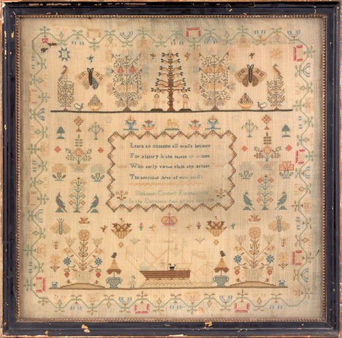 English silk on linen sampler, ca. 1800, wrough: English silk on linen sampler, ca. 1800, wrought by Susannah Coulsell, 20'' x 20''.