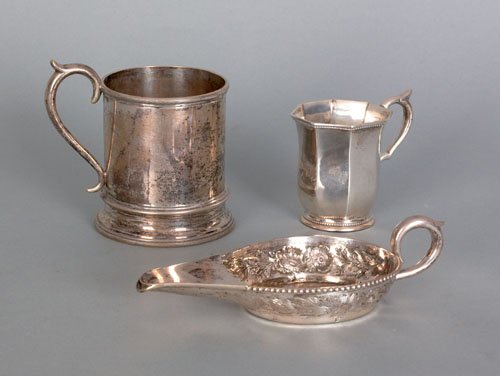 American silver pap boat, 7'' w., together with : American silver pap boat, 7'' w., together with a mug and child's mug, 19th c., bearing the touches of R.W. Wilson, Ball Black & Co. and John Warrin, 3 3/4'' h. and 3'' h., 11.1 ozt.