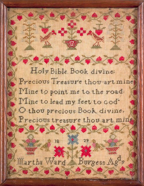 Silk on linen sampler dated 1829, wrought by Ma: Silk on linen sampler dated 1829, wrought by Martha Ward Burgess, 12 1/4'' x 9 1/2''.