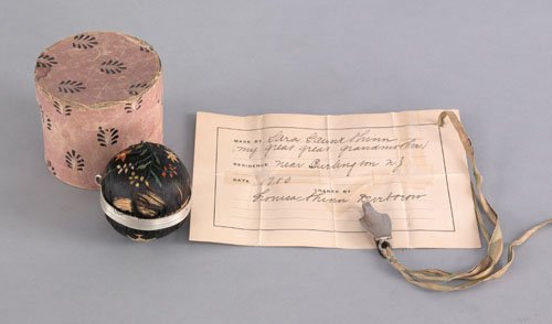 Burlington, New Jersey silver chatelaine clip, c: Burlington, New Jersey silver chatelaine clip, ca. 1795, bearing the touch of S. Coleman, together with a pin cushion and a wallpaper box which descended in the family of Sara Gaunt Shinn.