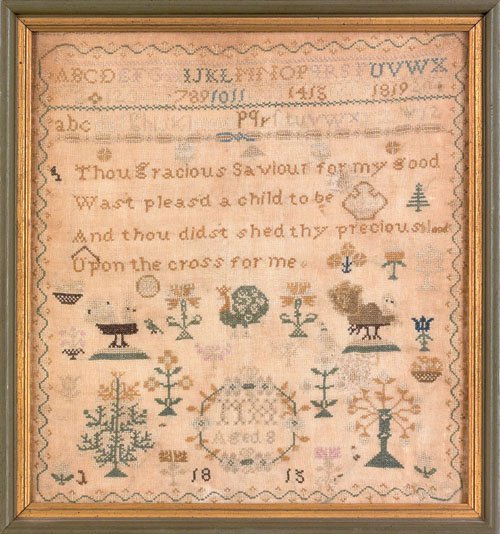 English silk on linen sampler dated 1815, 12 3/: English silk on linen sampler dated 1815, 12 3/4'' x 12''.
