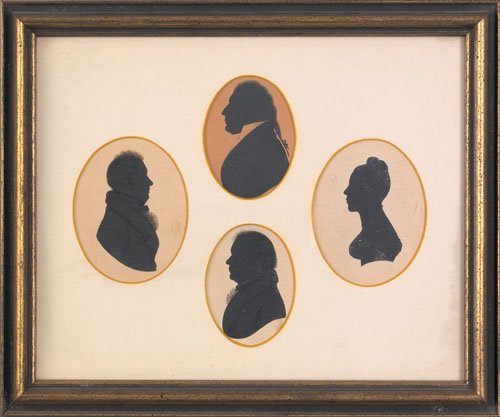 Two framed groups of silhouettes, 19th c., the: Two framed groups of silhouettes, 19th c., the first with Robert, Francis, and George Gotteh, the second with four signed C.F. Turner Ipswich.