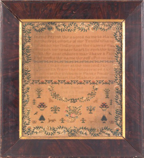 English silk on linen sampler dated 1837, wroug: English silk on linen sampler dated 1837, wrought by Ann Banks, 17'' x 14 1/2''.