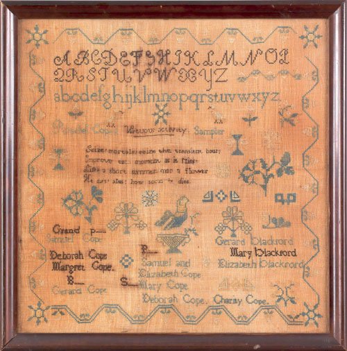 Pennsylvania silk on linen genealogy sampler, ea: Pennsylvania silk on linen genealogy sampler, early 19th c., wrought by Rachel Cope, b. 1799, McKean County, Pennsylvania, 17'' x 17''.