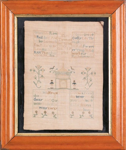 English silk on linen sampler dated 1764, wroug: English silk on linen sampler dated 1764, wrought by Mary Thorowgood, 11'' x 8''.