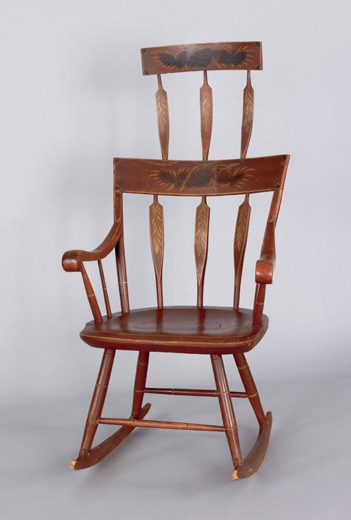 Pennsylvania arrowback windsor rocking chair, ca: Pennsylvania arrowback windsor rocking chair, ca. 1830, retaining a yellow floral decoration on a red ground. Illustrated in Santore The Windsor Style in America, fig. 181.