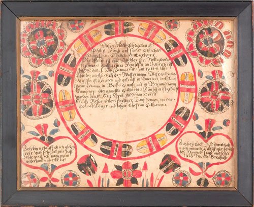 Martin Brechall (Southeastern Pennsylvania, 1783: Martin Brechall (Southeastern Pennsylvania, 1783-1830), ink and watercolor fraktur dated 1808, 12 1/4'' x 15 3/4''.