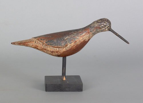 Yellowlegs shore bird decoy, attributed to Willi: Yellowlegs shore bird decoy, attributed to William Southard Bellmore, Long Island, New York, ca. 1900, with relief carved wings, 12'' l.