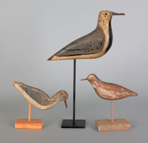 Three shore bird decoys, late 19th/early 20th c.: Three shore bird decoys, late 19th/early 20th c., to include a peep, branded Jos. Barham, flattie, and a black belly plover, possibly New Jersey, largest - 11'' l.