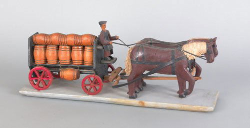 Carved wood horse drawn beer wagon, ca. 1940, 8: Carved wood horse drawn beer wagon, ca. 1940, 8 1/4'' l.