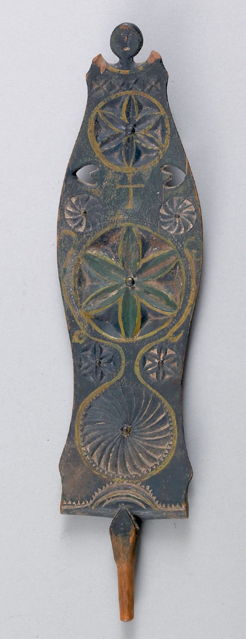 Scandinavian carved and painted sewing implement: Scandinavian carved and painted sewing implement dated 1872, 15'' h.
