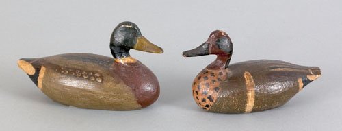 Two Perry Wilcoxen miniature duck decoys, ca. 19: Two Perry Wilcoxen miniature duck decoys, ca. 1930, to include a mallard and a green wing T\teal, 5'' l.