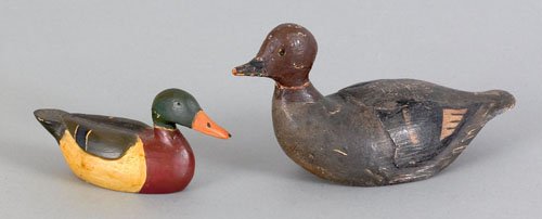 Two miniature duck decoys to include a goldeney: Two miniature duck decoys to include a goldeneye hen, ca. 1950, and a mallard, ca. 1950, longest - 5 1/2'' l.