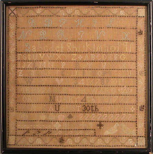Silk on linen sampler dated 1779, 11'' x 11 1/4'',: Silk on linen sampler dated 1779, 11'' x 11 1/4'', together with a modern needlework, 21 1/2'' x 15 1/2''.