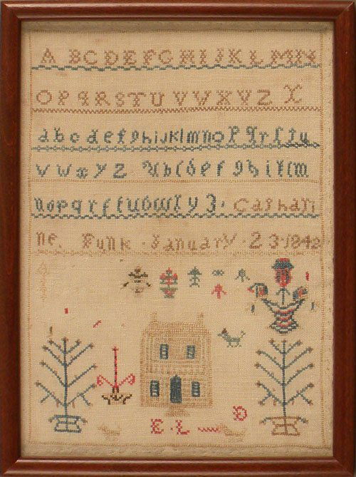 Silk on linen sampler dated 1842, wrought by Ca: Silk on linen sampler dated 1842, wrought by Catharine Funk, 11 1/2'' x 8''.
