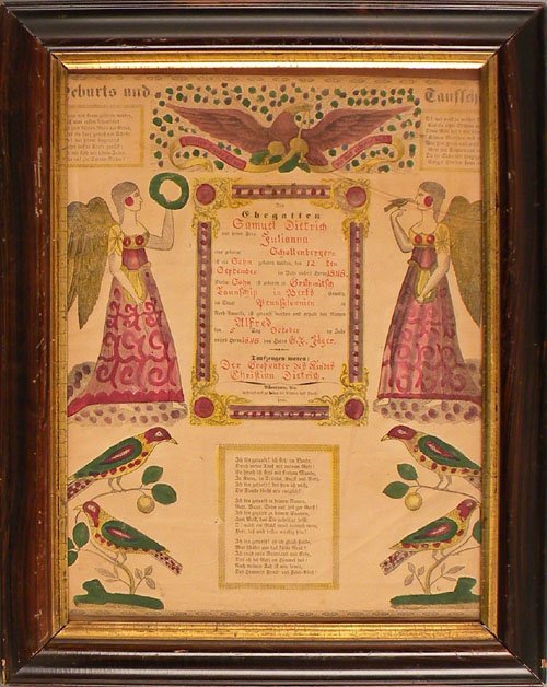 Three Pennsylvania printed and hand colored frakt: Three Pennsylvania printed and hand colored frakturs, 19th c.