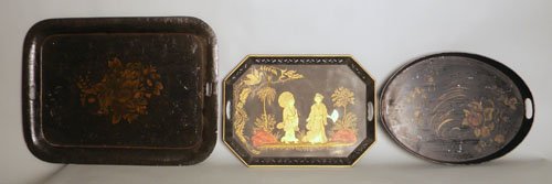 Three tole decorated trays, largest - 21 1/2'' l.,: Three tole decorated trays, largest - 21 1/2'' l., 29 1/2'' w.