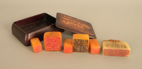 Six Chinese soapstone ink stamps with case.: Six Chinese soapstone ink stamps with case.