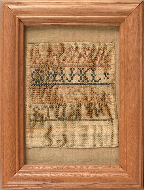 Two miniature samplers, 19th c., 3 1/2'' x 3 1/2'': Two miniature samplers, 19th c., 3 1/2'' x 3 1/2'' and 5'' x 4 1/4''.