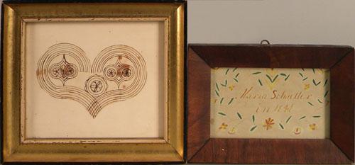 Two Pennsylvania watercolor fraktur drawings, 19t: Two Pennsylvania watercolor fraktur drawings, 19th c., 3'' x 5'' and 3 1/4'' x 5''.