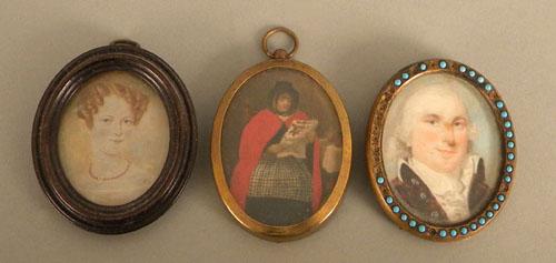 KPM painted plaque, 5 1/2'' x 4'', together with t: KPM painted plaque, 5 1/2'' x 4'', together with three miniature portraits.