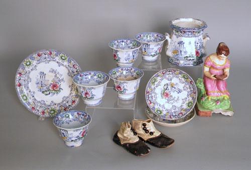 Group of ironstone, together with two hurricane s: Group of ironstone, together with two hurricane shades, doll shoes, and a pearlware figure.