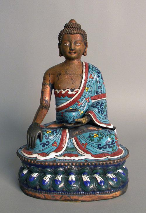 Chinese cloisonné Buddhist figure, 11 3/4'' h.: Chinese cloisonné Buddhist figure, 11 3/4'' h.
