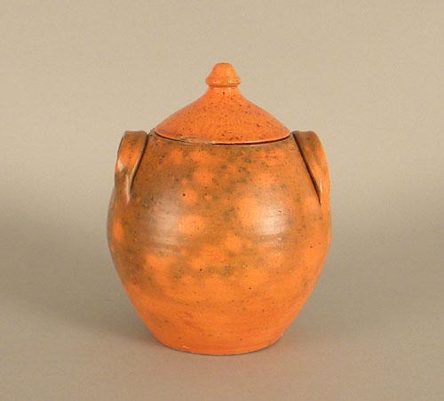 Jugtown redware covered crock, 9 1/2'' h.: Jugtown redware covered crock, 9 1/2'' h.