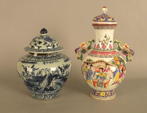 Chinese porcelain ginger jar together with a 5 co: Chinese porcelain ginger jar together with a 5 color covered urn, 12 1/2'' h., 16'' h.