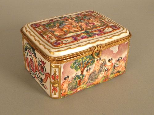Capodimonte style dresser box, 3'' h., 6'' w.: Capodimonte style dresser box, 3'' h., 6'' w.
