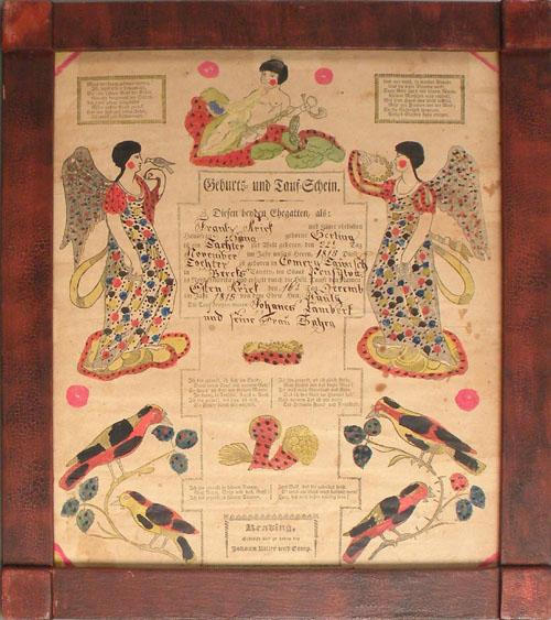 Two Johan Ritter handcolored printed fraktur, 181: Two Johan Ritter handcolored printed fraktur, 1816 and 1815 in contemporary smoked decorated frames, 15 1/4'' x 11 3/4'' and 15 1/4'' x 13''.