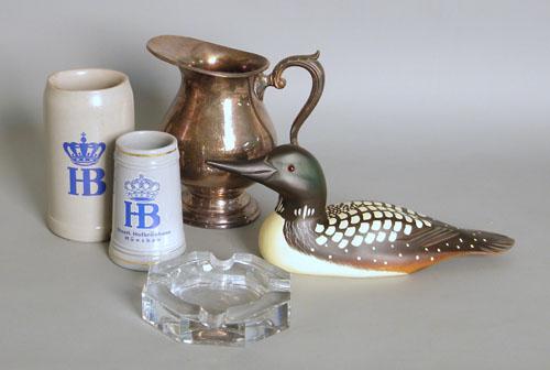 Miscellaneous tablewares to include Baccarat asht: Miscellaneous tablewares to include Baccarat ashtry, two mugs, plated pitcher, and a J. Richards loon.