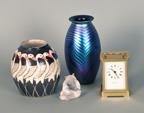 Lalique panda bear, together with a contemporary : Lalique panda bear, together with a contemporary art glass vase, pottery vase, and reproduction Tiffany carriage clock, tallest - 7 1/2'' h.