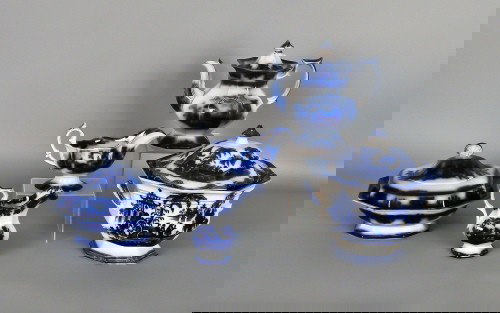 Five pieces of flow blue hollowware, 19th c., to: Five pieces of flow blue hollowware, 19th c., to include a teapot, gravy, creamer, covered entree, covered cache pot.