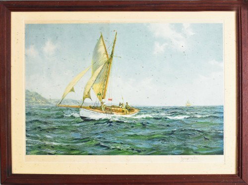 Montague Dawson pencil signed lithograph of a sai: Montague Dawson pencil signed lithograph of a sailboat, 19 3/4'' x 30''.