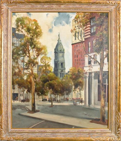 John Landry (American, 1912-1986), oil on canvas : John Landry (American, 1912-1986), oil on canvas titled City Hall, signed lower right, 30'' x 25''.