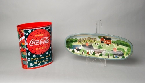 Howard Finster garbage can, 13'' h., together with: Howard Finster garbage can, 13'' h., together with a painted wood bowl, 20 1/4'' w.