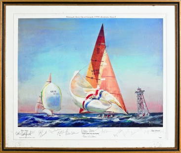 Three America's Cup signed lithographs, one by Pa: Three America's Cup signed lithographs, one by Paul Rigby, 18'' x 24'', one by Tim Thompson, 28'' x 20'', the other signed by the crew, 16'' x 22'', together with a book on the America's Cup.