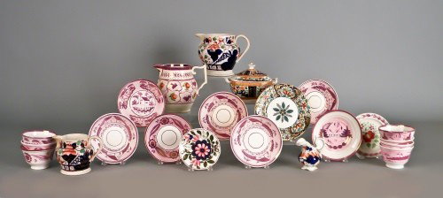 Seven pink luster cup and saucers, together with : Seven pink luster cup and saucers, together with a pitcher, two toddy plates, three Gaudy ironstone pitchers, Royal Crown Derby type covered sugar and plate.