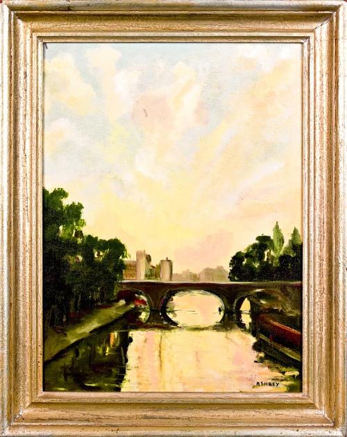 Oil on canvas canal scene signed Ashbey, 16'' x 12: Oil on canvas canal scene signed Ashbey, 16'' x 12'', together with a pair of watercolor street scenes, 11 1/2'' x 13 1/2''.