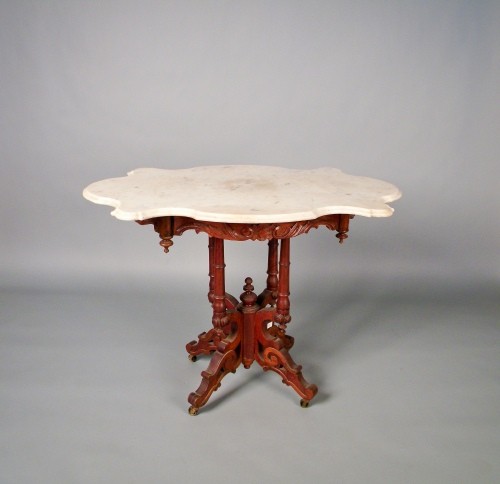 Victorian marble top center table, ca. 1870, with: Victorian marble top center table, ca. 1870, with white turtle top, 29 1/2'' h., 39'' w.