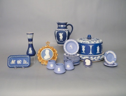 Group of Wedgwood blue jasperware to include a la: Group of Wedgwood blue jasperware to include a large covered cake dish, 7 1/2'' h., 10 1/4'' dia.