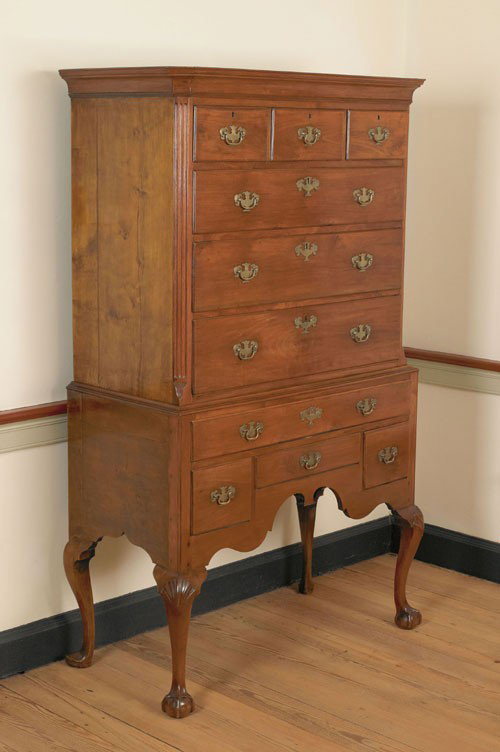 New Jersey Chippendale walnut and maple high che: New Jersey Chippendale walnut and maple high chest in two parts, ca. 1765, the upper section with a molded cornice, above three short and three long drawers flanked by chamfered and fluted corners, re