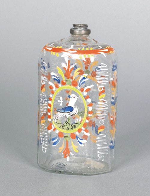 Stiegel type glass enamel decorated bottle, ca. : Stiegel type glass enamel decorated bottle, ca. 1800, 6 1/2'' h.