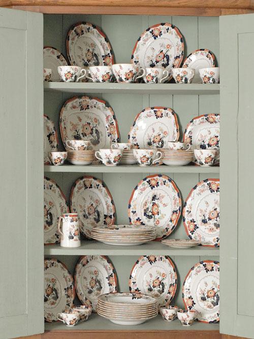 Masons ironstone dinner service, 19th c., to in: Masons ironstone dinner service, 19th c., to include two platters, 13'' w., 10 1/2'' w., two open entree dishes, 10'' w., twelve dinner plates, 10 1/2'' dia., twelve soup bowls, 9 1/2'' dia., two todd