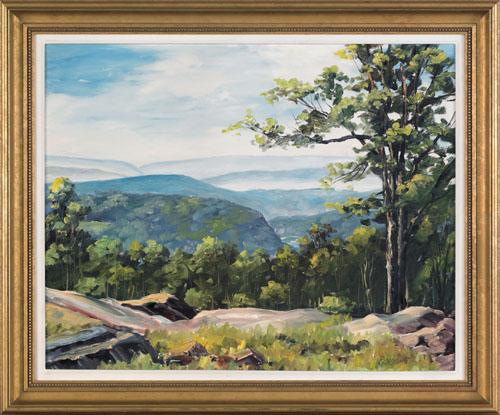 Clarence Ira Dreisbach (American, 1903-2001, oi: Clarence Ira Dreisbach (American, 1903-2001, oil on board titled View of the Pocono's From Route 290 Above Canadensis, signed lower right and dated 1962, 24'' x 30''.