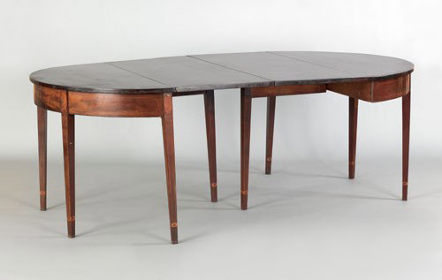 Southern Hepplewhite mahogany two part dining ta: Southern Hepplewhite mahogany two part dining table, ca. 1795, comprising two demilune ends with drop leaves and inlaid frame supported by square tapering legs with hexagon inlaid cuffs, open - 28 3/4
