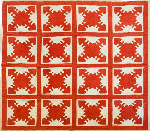 Pennsylvania appliqu? Hearts and Gizzards quilt,: Pennsylvania appliqu? Hearts and Gizzards quilt, 19th c., all in red, 81'' x 81''.