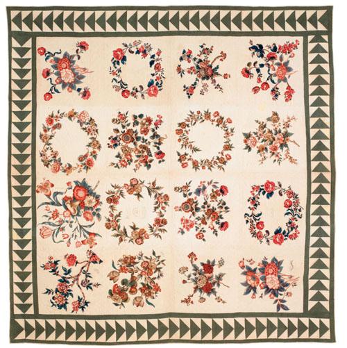 Baltimore broderie perse chintz album quilt, mid: Baltimore broderie perse chintz album quilt, mid 19th c., with a patchwork flying geese border, bearing the names Hamilton, Simmons, Bunting, and Wilson, 77 1/2'' x 82''.