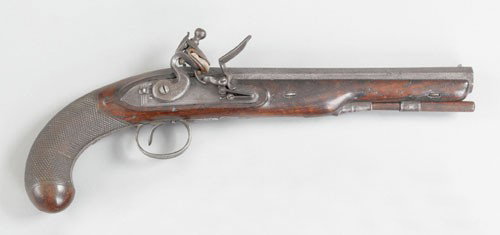Williams flintlock pistol, ca. 1815, .63 calibe: Williams flintlock pistol, ca. 1815, .63 caliber, having a gold lined pan, touch hole, and band around breech, silver monogrammed escutcheon at back strap, checkered grip, and iron mountings with pine